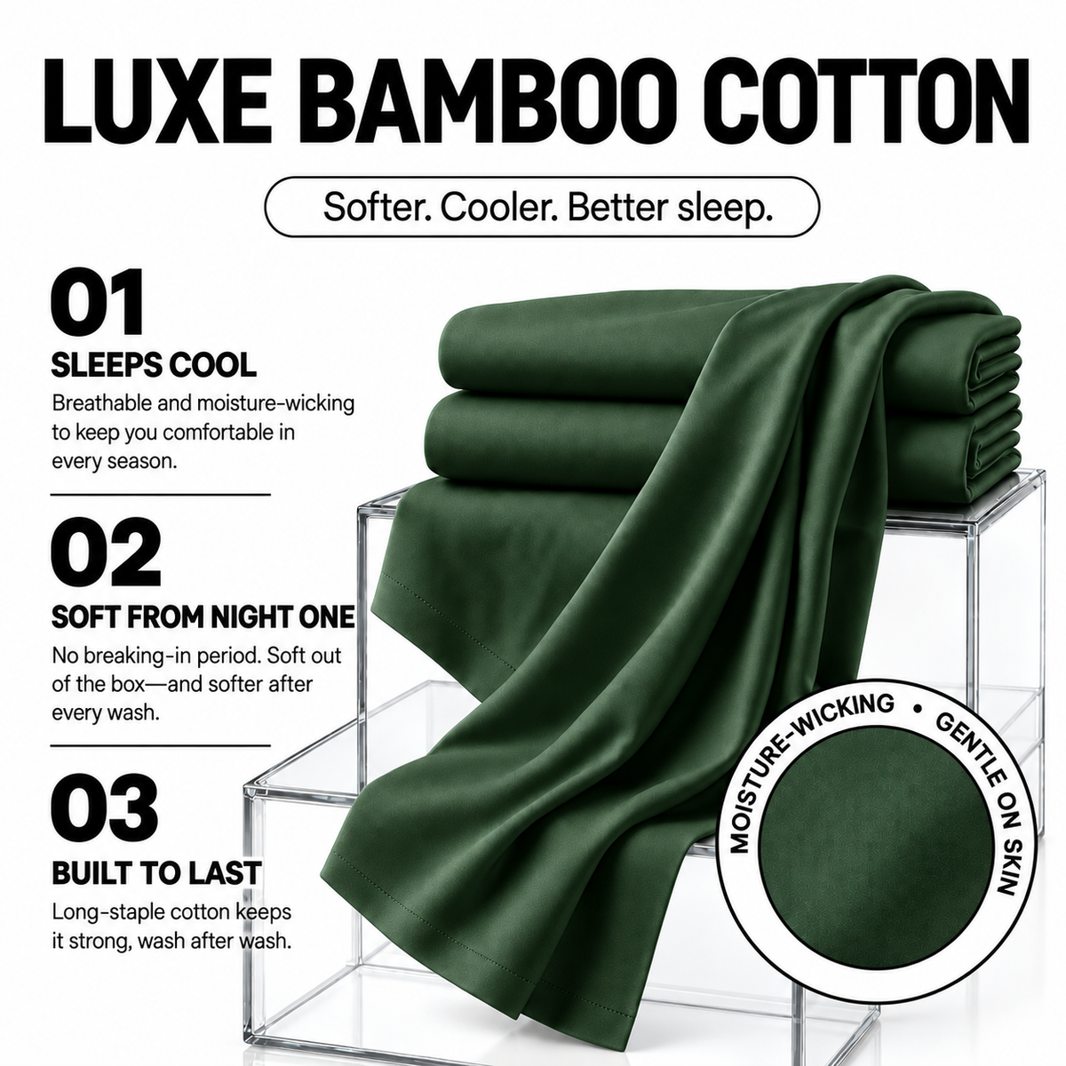 Green bamboo-cotton TLC sheets with callouts for cool sleep, softness and durable long-staple cotton