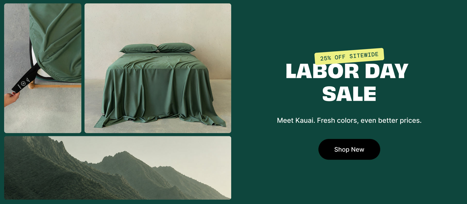 Green sheets, green background with 25% OFF storewide banner showing