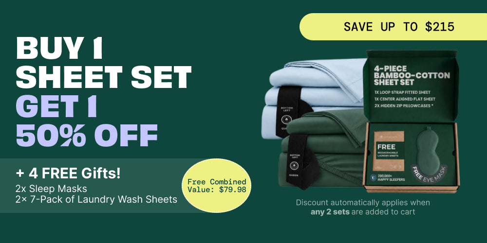 Promotional banner for a bedding set offer on a dark green background. The main product shown is a folded white sheet set with a bamboo cotton sheet set in a box, plus sleep masks and laundry wash sheets.