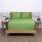 Minimalist shot of green TLC bedding neatly tucked into wooden bed frame.