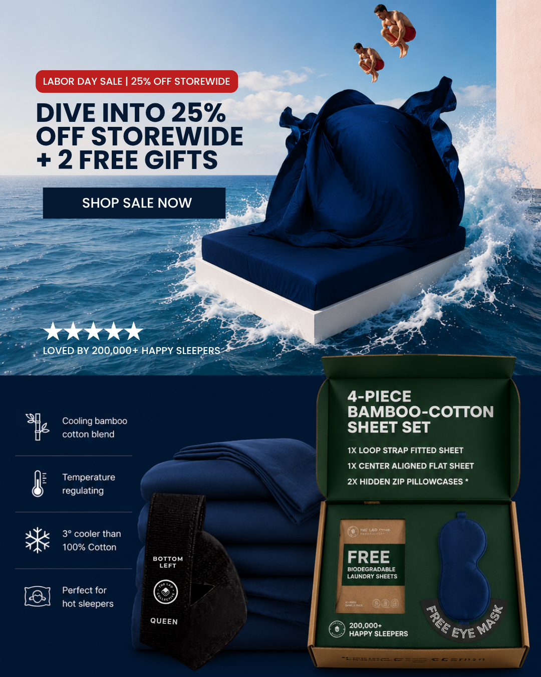 Promotional product graphic for a cooling bamboo-cotton sheet set. A navy fitted sheet is shown draped over a mattress in ocean water, with large sale text at the top.