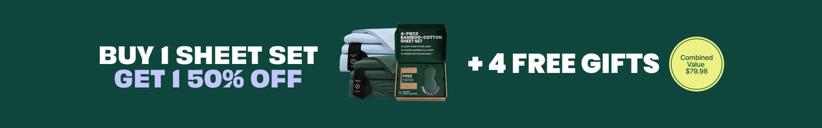 Green promotional banner saying buy 1 get 1 free plus 4 free gifts