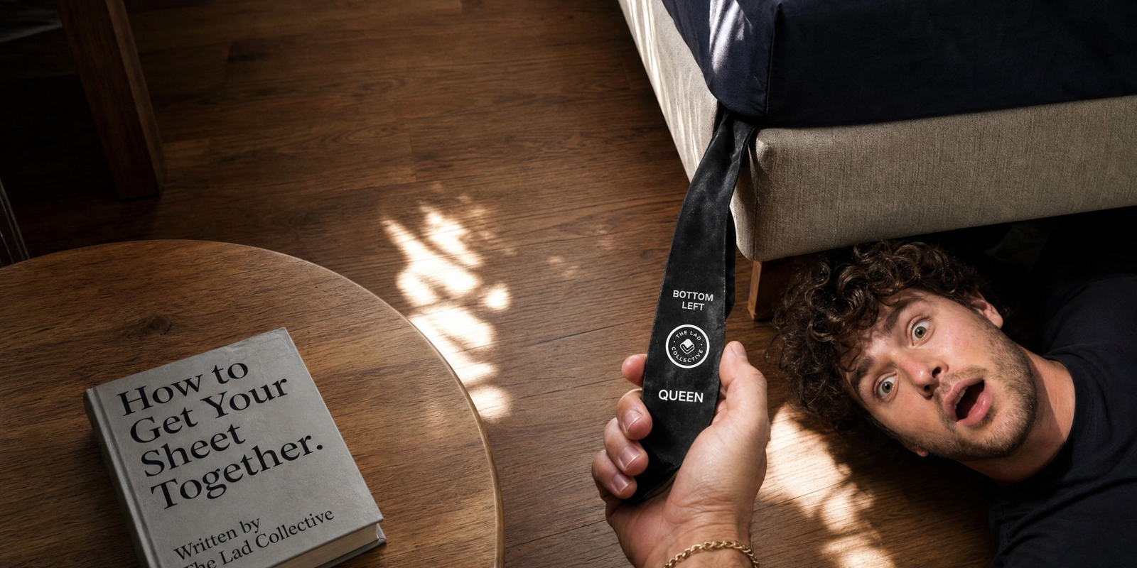 Man holding a Queen tie next to a book titled 'How to Get Your Sheet Together' on a wooden floor.