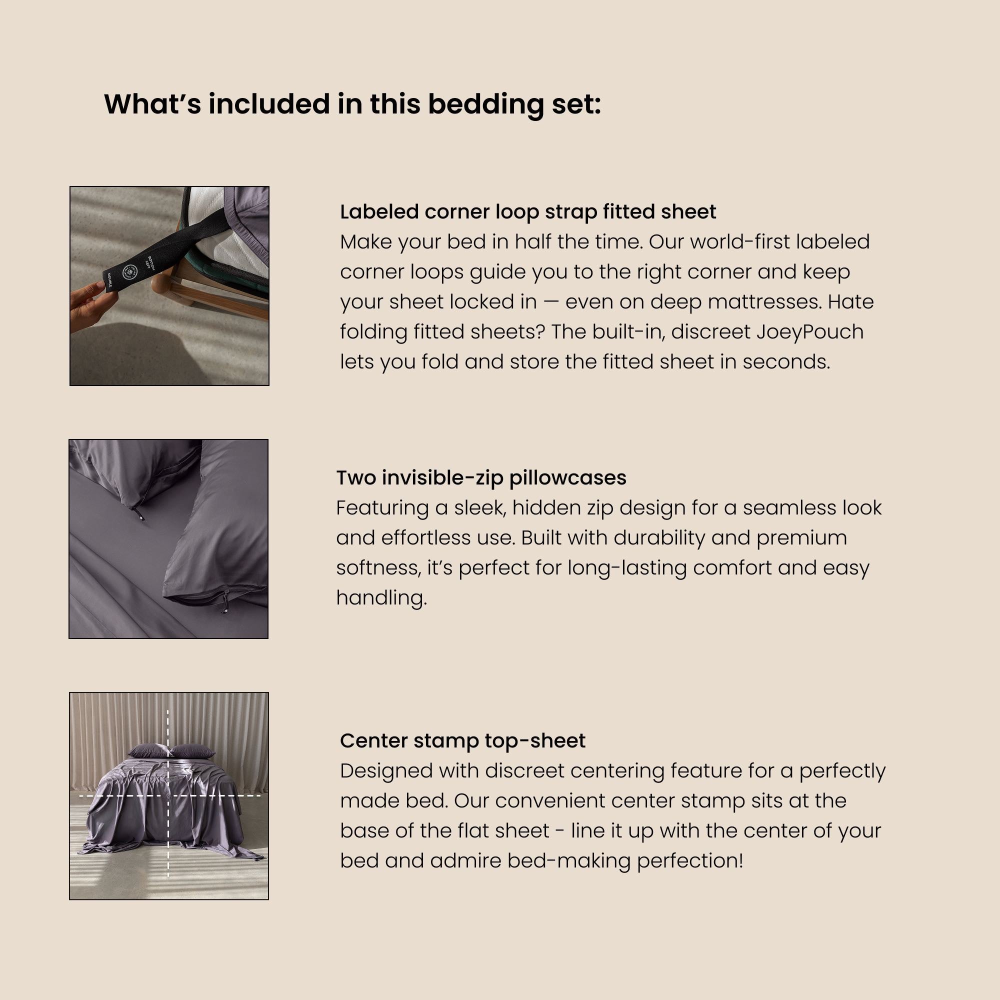 Bedding set features with labeled corner loop strap fitted sheet, two invisible-zip pillowcases, and center stamp top-sheet on a beige background.