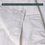 Close-up of waterproof magnetic button on comforter insert, designed to connect with TLC Magnetic Duvet Cover.