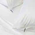 Close up of pillows and pillowcases with zip detail in white bedding
