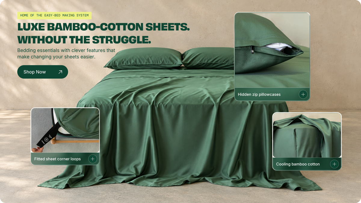 Forest-green bamboo-cotton bedding with close-ups of labelled fitted-sheet corner loops, a hidden pillowcase zipper, and soft fabric. Headline: “Luxe bamboo-cotton sheets. Without the struggle.”