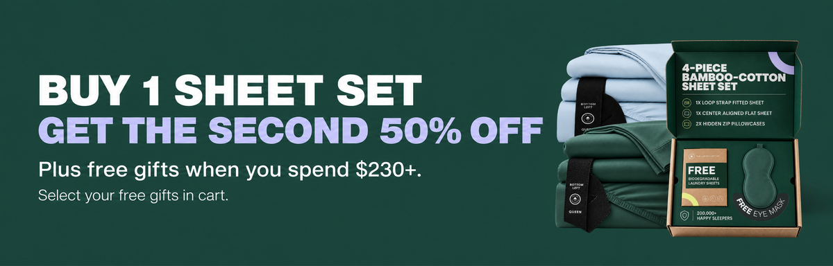 Promotional banner: “More gifts. More value.” Spend $230+ to receive two extra pillowcases, a matching sleep mask, and a 7-wash pack of laundry sheets, valued at $90. Spend $299+ to receive those gifts plus a free fitted sheet, valued at $195 total. Best value: buy two sets and get 50% off the second set plus all free gifts, for $310+ combined value. Gifts are additional to items already included in your set. Select your free gifts in cart.