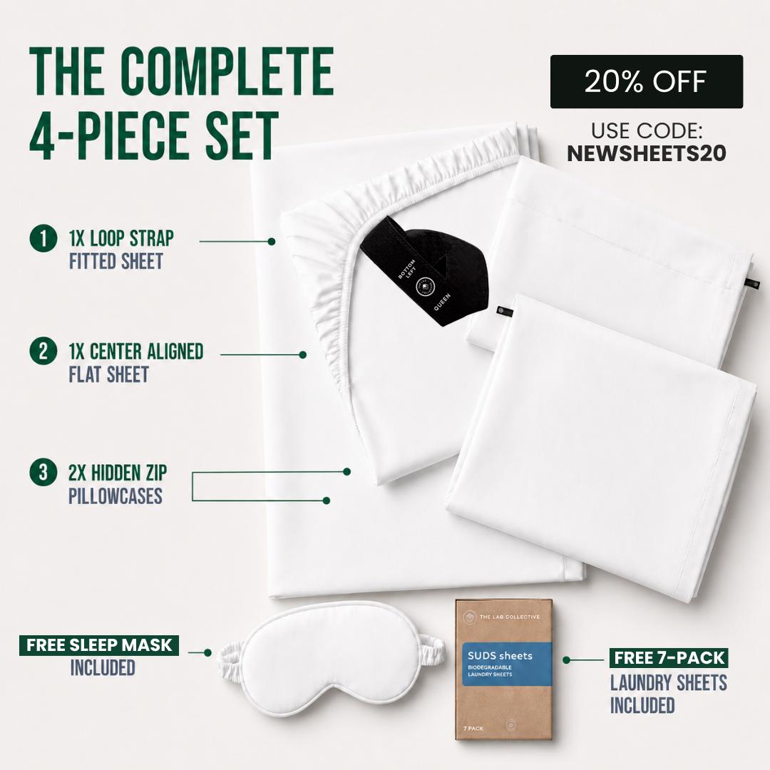 TLC Complete 4-Piece Bamboo Cotton Sheet Set - loop strap fitted sheet, center aligned flat sheet, hidden zip pillowcases, free sleep mask and laundry sheets