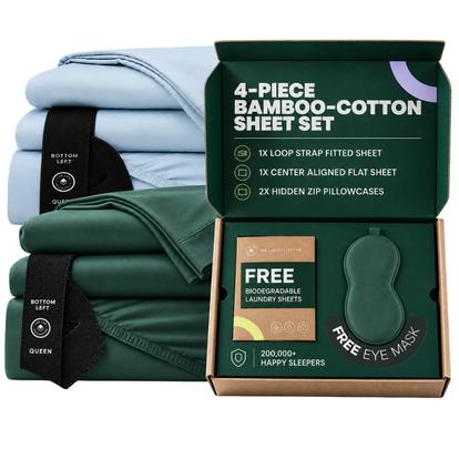 Light-blue and forest-green TLC sheet sets with original black labeled straps beside an open gift box containing a green sleep mask and laundry wash sheets