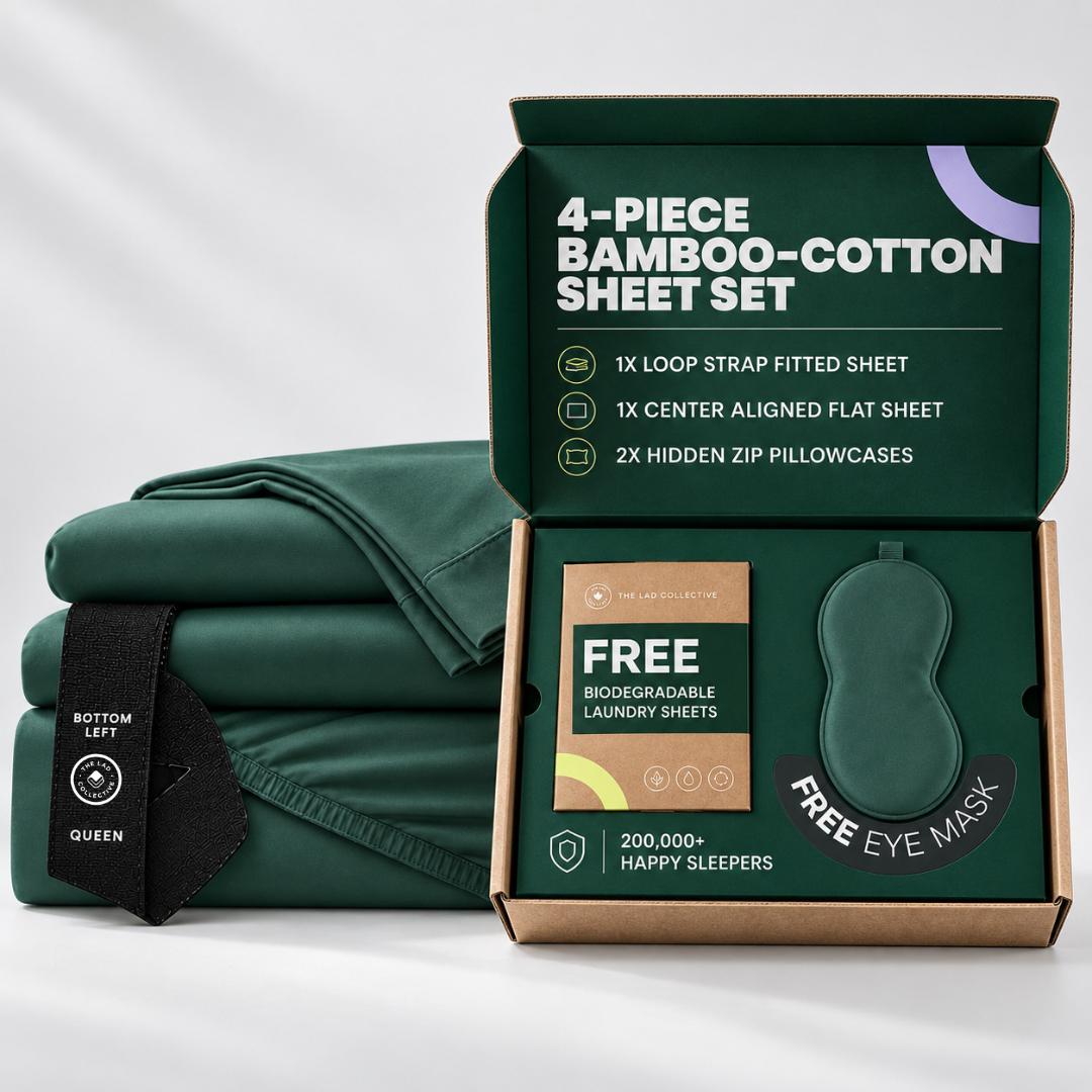 Folded forest-green TLC sheets with a labeled corner strap beside an open box containing laundry sheets and a matching sleep mask