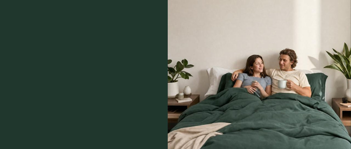 Couple relaxing in Kauai green bedding