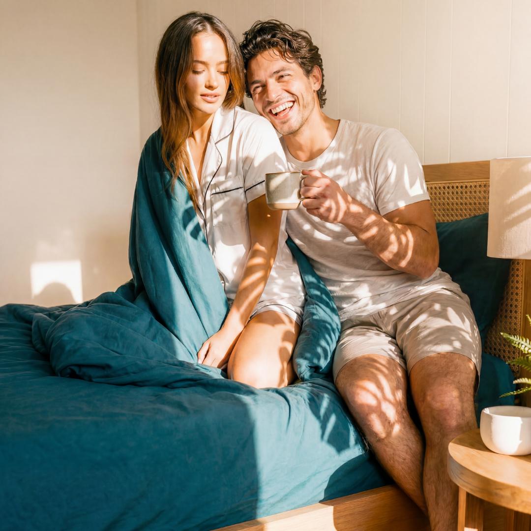 Couple relaxing together in green TLC bedding