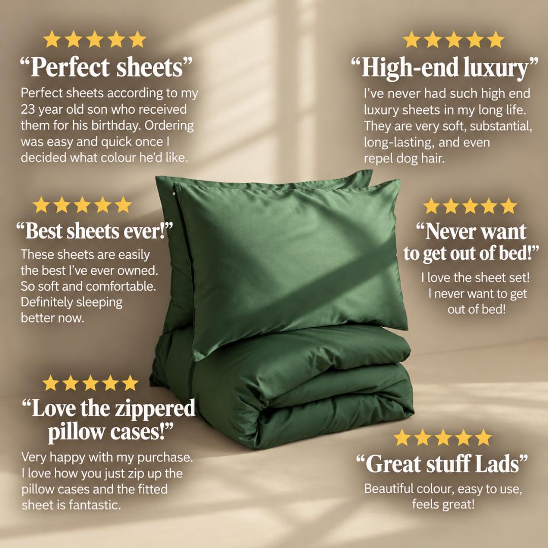 Kauai green bamboo cotton sheet set with six five-star customer reviews