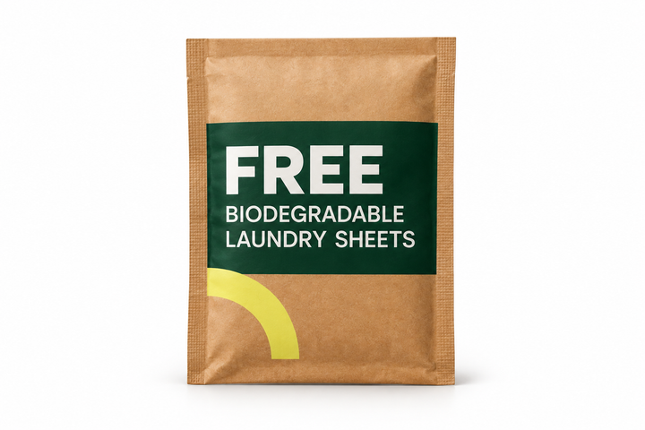 TLC biodegradable laundry sheets in a kraft pouch with a green label, shown on white