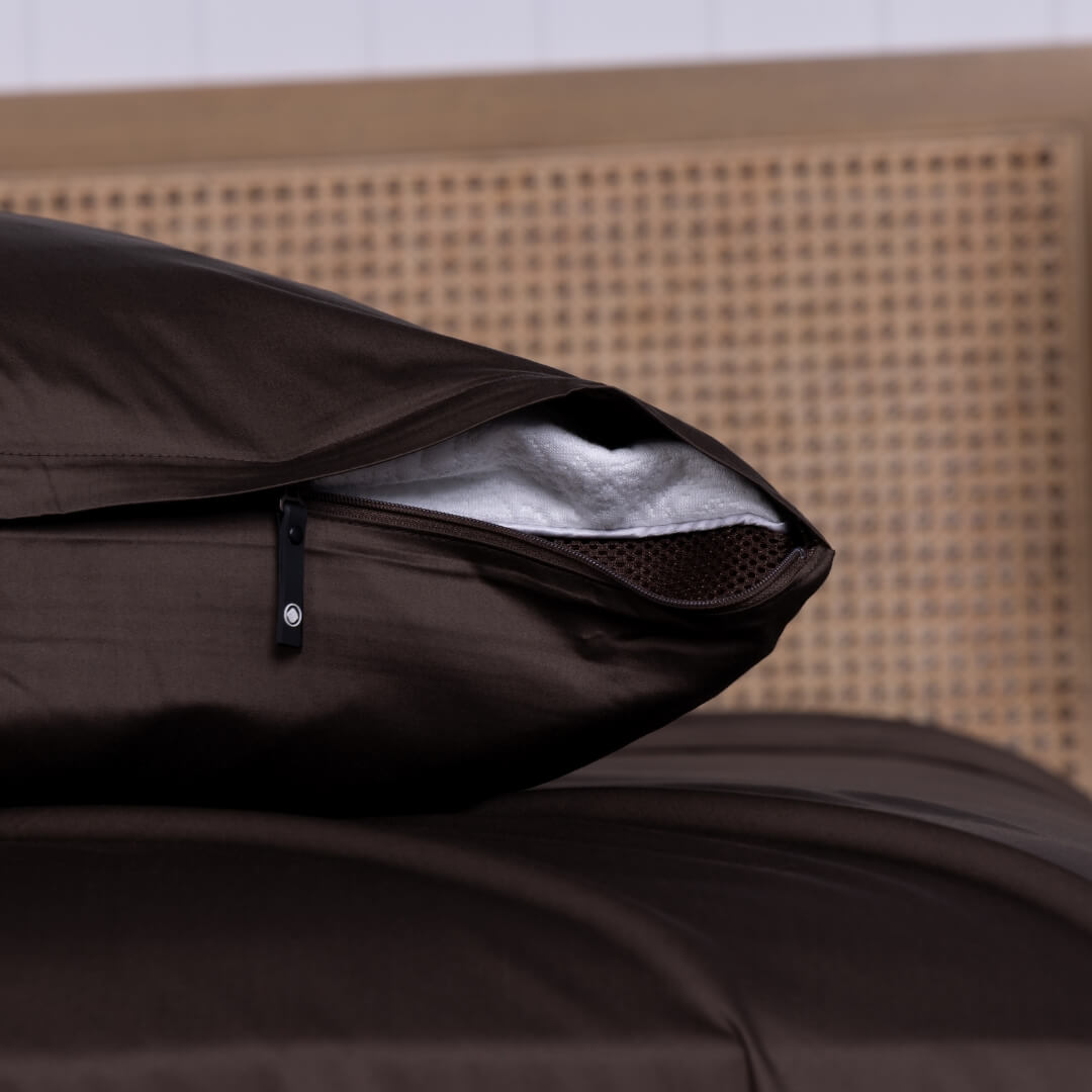 Chocolate brown invisible-zipper pillowcase.