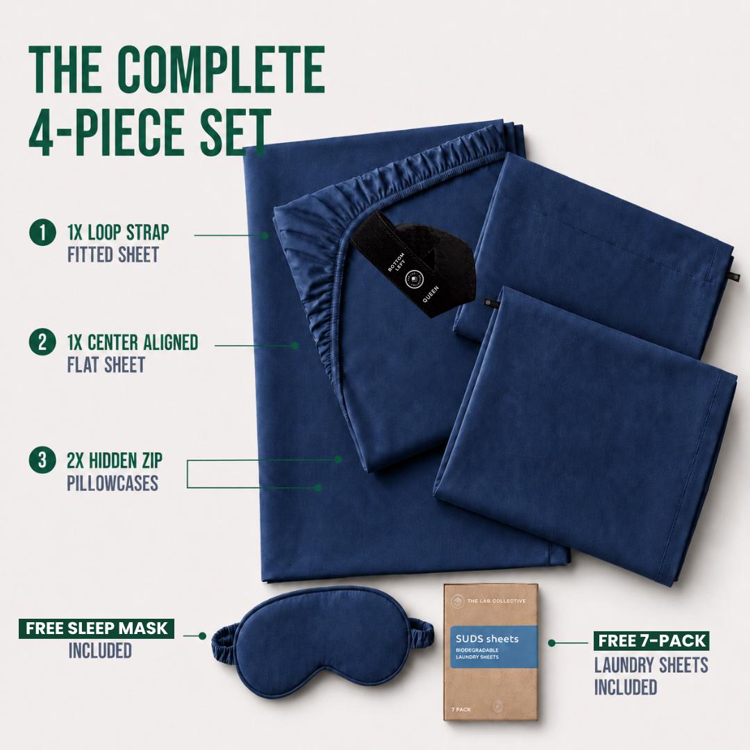The Lad Collective complete 4-piece bamboo cotton bedding set — fitted sheet, flat sheet, 2 pillowcases plus free sleep mask and laundry sheets