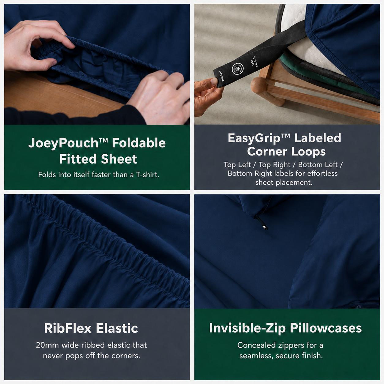 The Lad Collective premium sheet features — JoeyPouch storage, EasyGrip corners, RibFlex elastic, and invisible-zip pillowcases