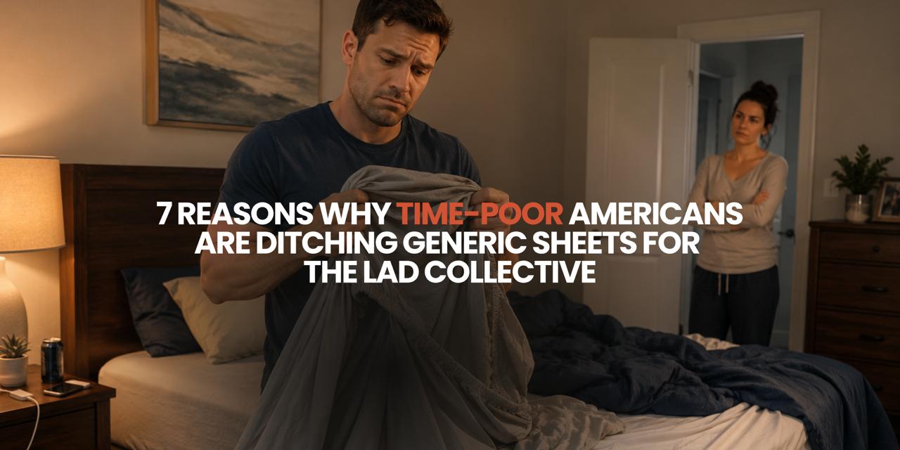 Man frustrated making bed with generic sheets — The Lad Collective bamboo cotton bedding set solves common sheet problems