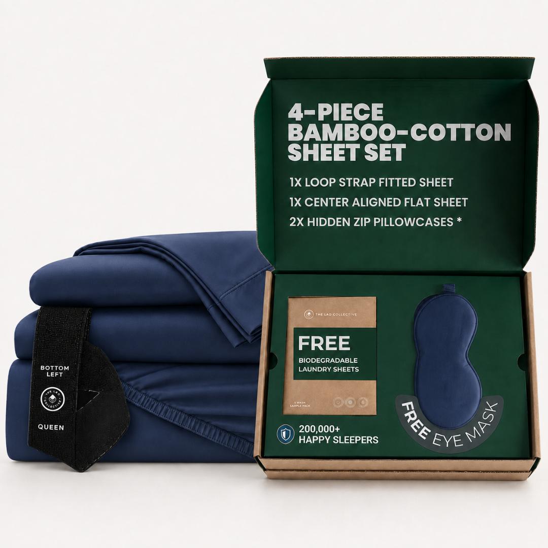 The Lad Collective Atlantic 3.0 4-piece bamboo cotton bedding set with free eye mask and biodegradable laundry sheets